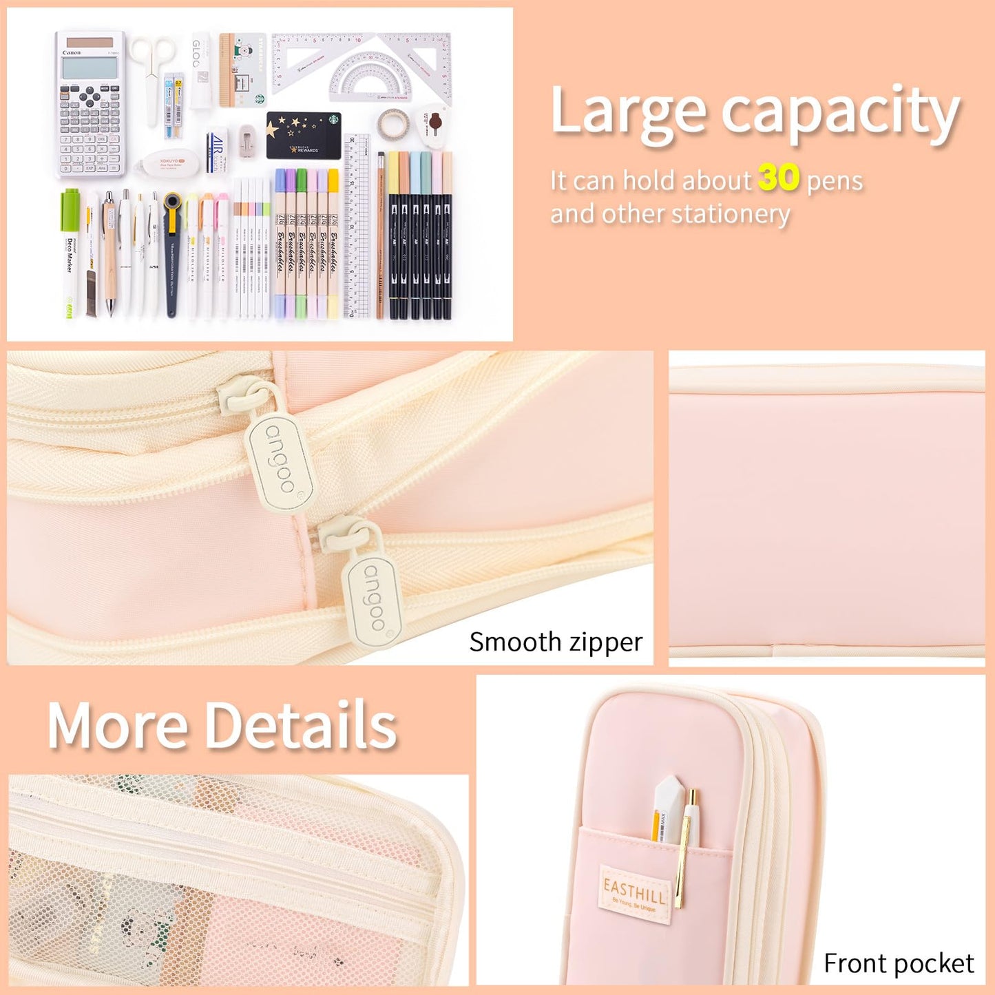 EASTHILL Big Capacity Pencil Case Large Pencil Pouch Stationery Pen Bag for Teen Girls-Pink