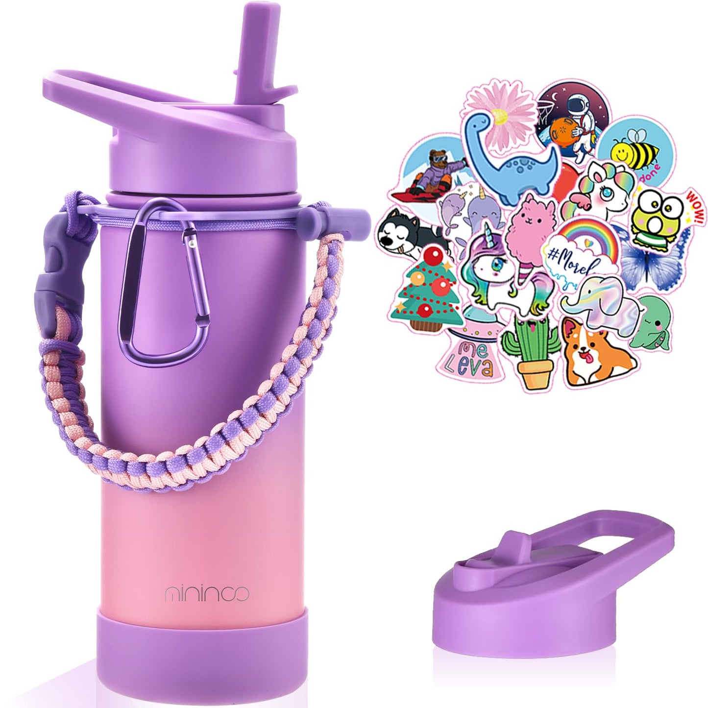Mininoo Kids Water Bottle for School, 16oz Insulated Stainless Steel Water Bottle Kids with Straw Lid for Girls（Purple/Pink）