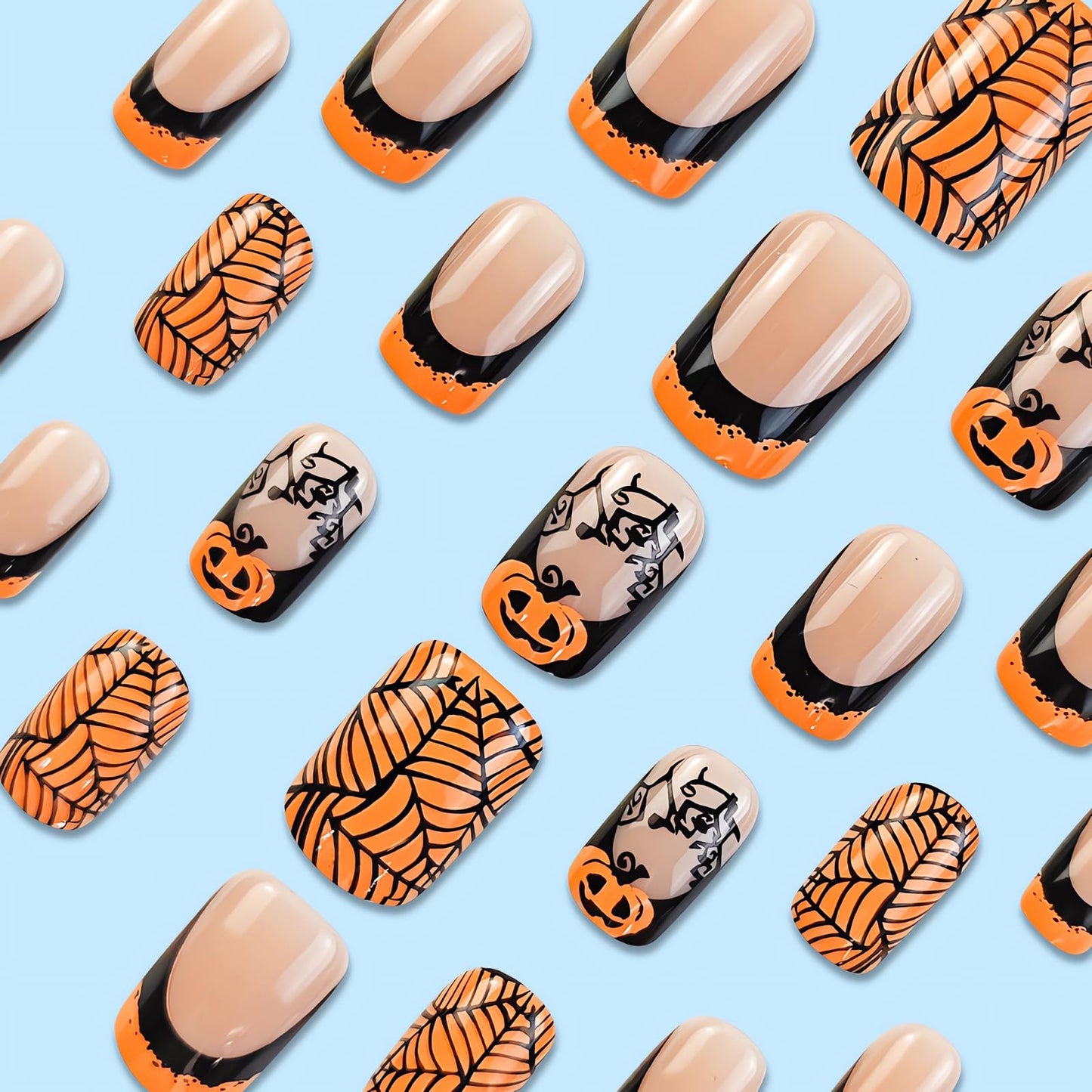 OHWODA Halloween Medium Fake Nails Square Press on Nails Black Spider Web Glue on Nails Halloween Pumpkin Nails Press ons Orange French Halloween Press on Nails for Women DIY Manicure Decorations
