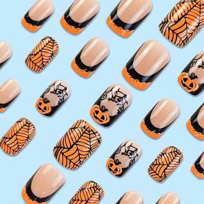 OHWODA Halloween Medium Fake Nails Square Press on Nails Black Spider Web Glue on Nails Halloween Pumpkin Nails Press ons Orange French Halloween Press on Nails for Women DIY Manicure Decorations