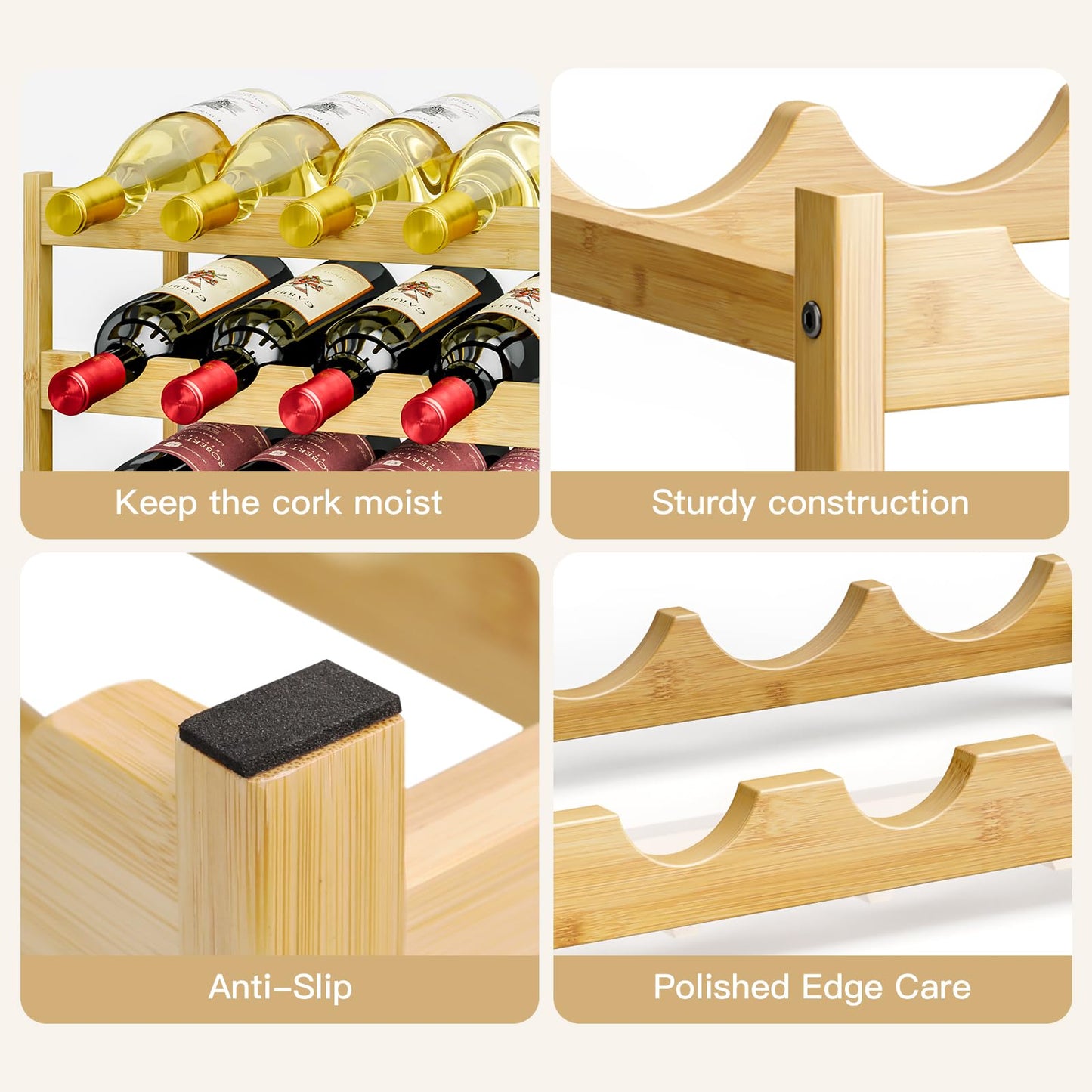 Dripex Bamboo Wine Rack, 12 Bottles Wine Holder Storage Shelf, 3-tire Small Freestanding Bottle Wine Rack for Countertop, Kitchen, Bar, Cellar (40 x 22 x 32 cm)