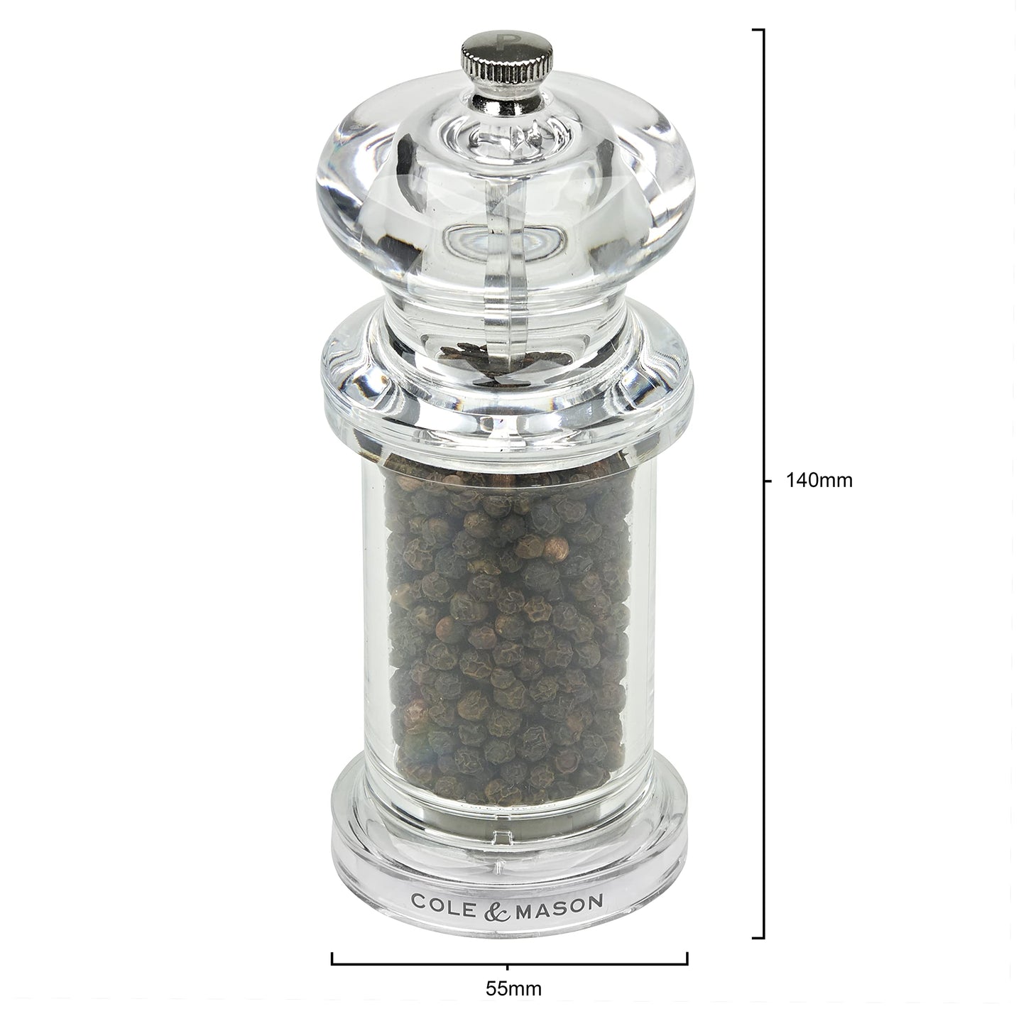 Cole & Mason H50501P 505 Clear Pepper Mill, Precision+, Acrylic, 140 mm, Single, Includes 1 x Pepper Grinder