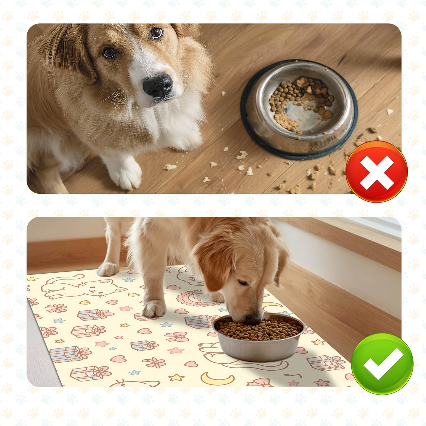 HOMETITUTE Cute Cat Pet Feeding Mat Adorable Kitten Food Placemat with Gift Bow and Star Print for Dogs and Cats Sweet Non Slip Mat for Dog Cat Food and Water Bowls Home Kitchen Decoration 20" x 12"