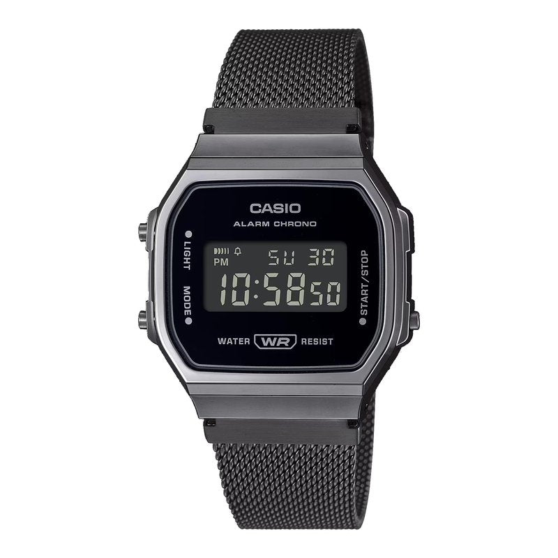 Casio A168WEMB-1BV Men's Vintage Collection Gunmetal Mesh Band Alarm Chronograph Illuminator Digital Watch