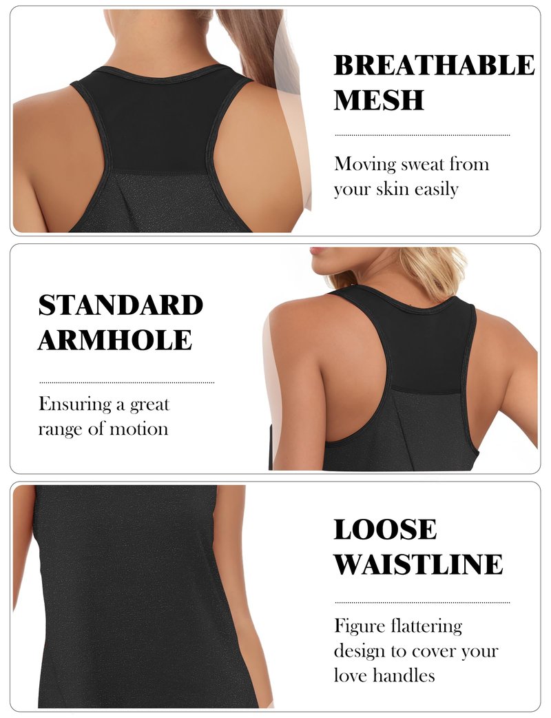AURUZA Womens Workout Tops, Racerback Tank Tops for Women Athletic Yoga Tops Mesh Tennis Shirts Running Sleeveless Gym Top (Black, X-Large)
