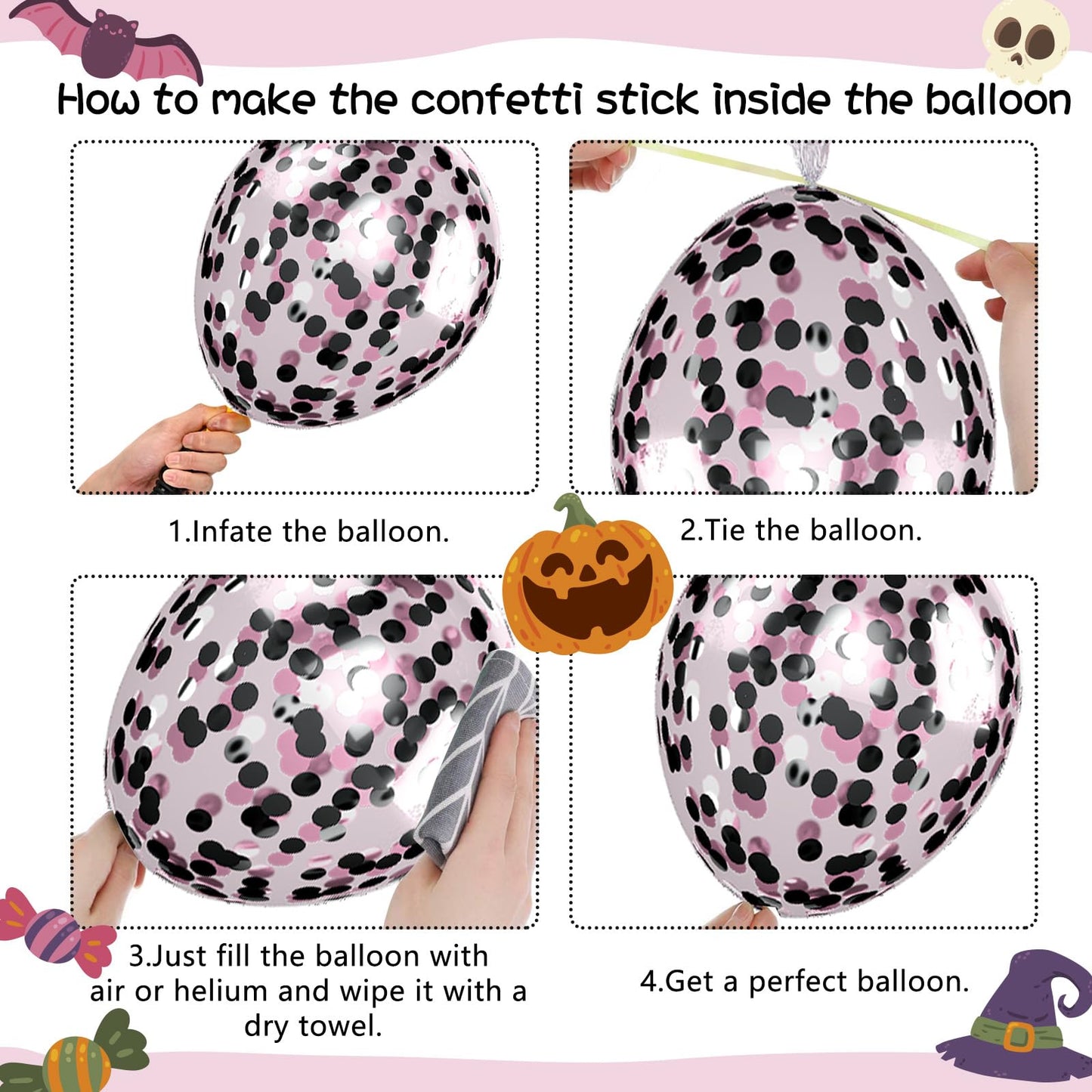 FunHot Halloween Party Balloons, 60Pcs Pink Black Halloween Balloon, 12 Inch Black Pink Confetti Balloons Bat Ghost BOO Printed Pattern Balloon with Ribbons for Kids Birthday Halloweens Decoration