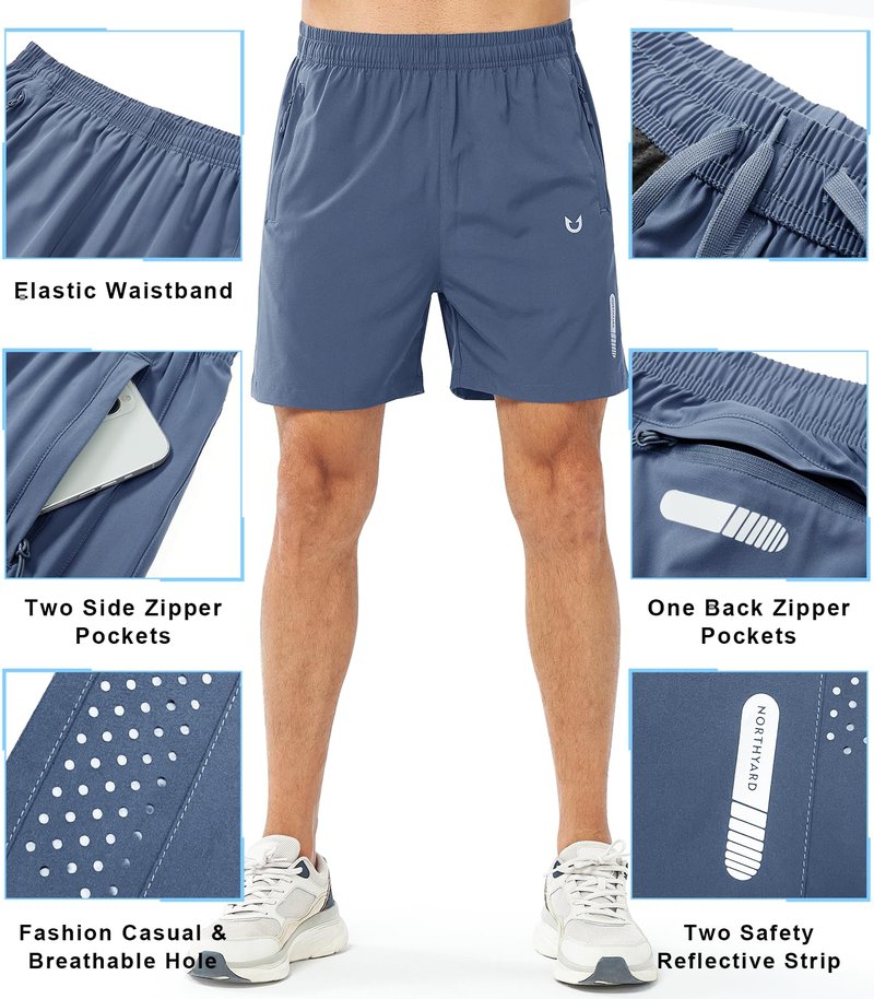 NORTHYARD Men's Athletic Running Shorts Gym Workout 7"/9"/5" Quick Dry Lightweight Sports Basketball Tennis 3 Zipper Pockets FEDERALBLUE-5inch 3XL