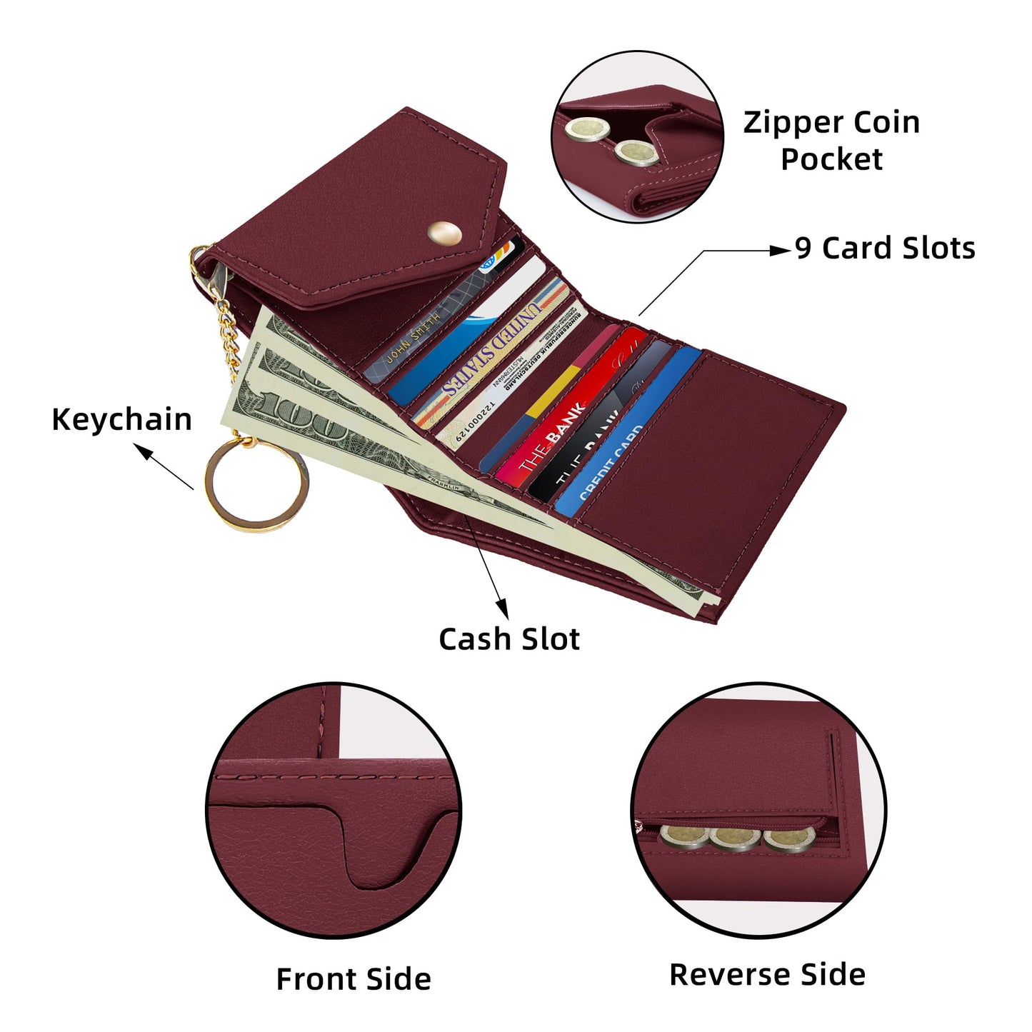 Gostwo Womens Wallet RFID Blocking Small Wallets Woman Credit Card Holder Trifold Ladies Wallets with Coins Zipper Pocket(Red Deep)