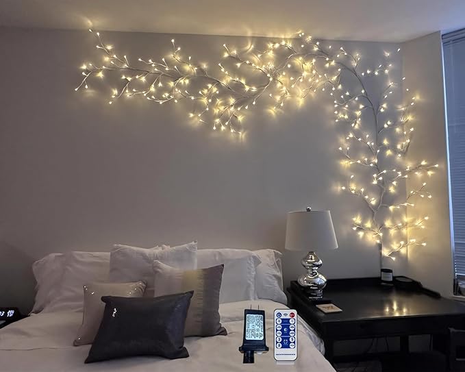 2PCS Enchanted Willow Vine Lights with Remote, Christmas Swags Decorations Indoor Room Decor, 18 Branches 144 LEDs 7.5FT Lighted Willow Vine Lights for Walls Bedroom Home Decor, White