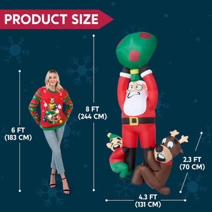 Joiedomi 8 FT Tall Hanging Christmas Inflatable Outdoor Decoration, Christmas Blow Up Santa with Reindeer Elf Inflatable, Inflatable Climbing Santa for Christmas Roof Decor Christmas Yard Decor