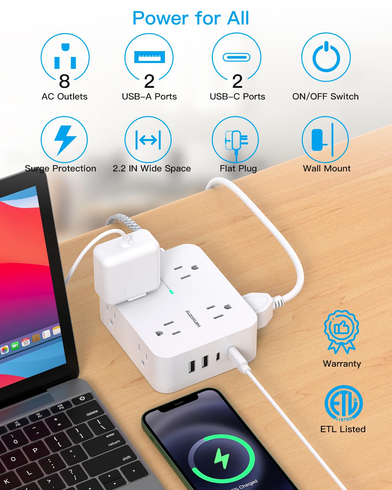 10 ft Extension Cord, HANYCONY 1080J Surge Protector Power Strip Long Cord with 8 AC Outlets and 4 USB Ports (2 USB-C), Wall Mount, Desk Charging Station for Home Office College Dorm Room Essentials