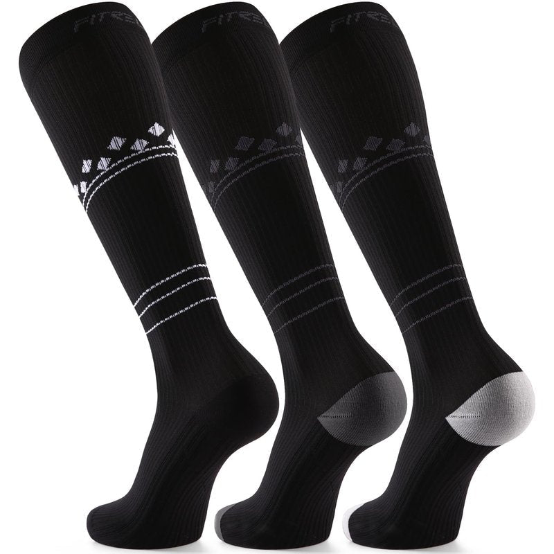 FITRELL 3 Pairs Compression Socks for Women and Men 20-30mmHg- Support Socks for Travel, Running, Nurse, Knee High, Blackstar, Black+White+Grey S/M