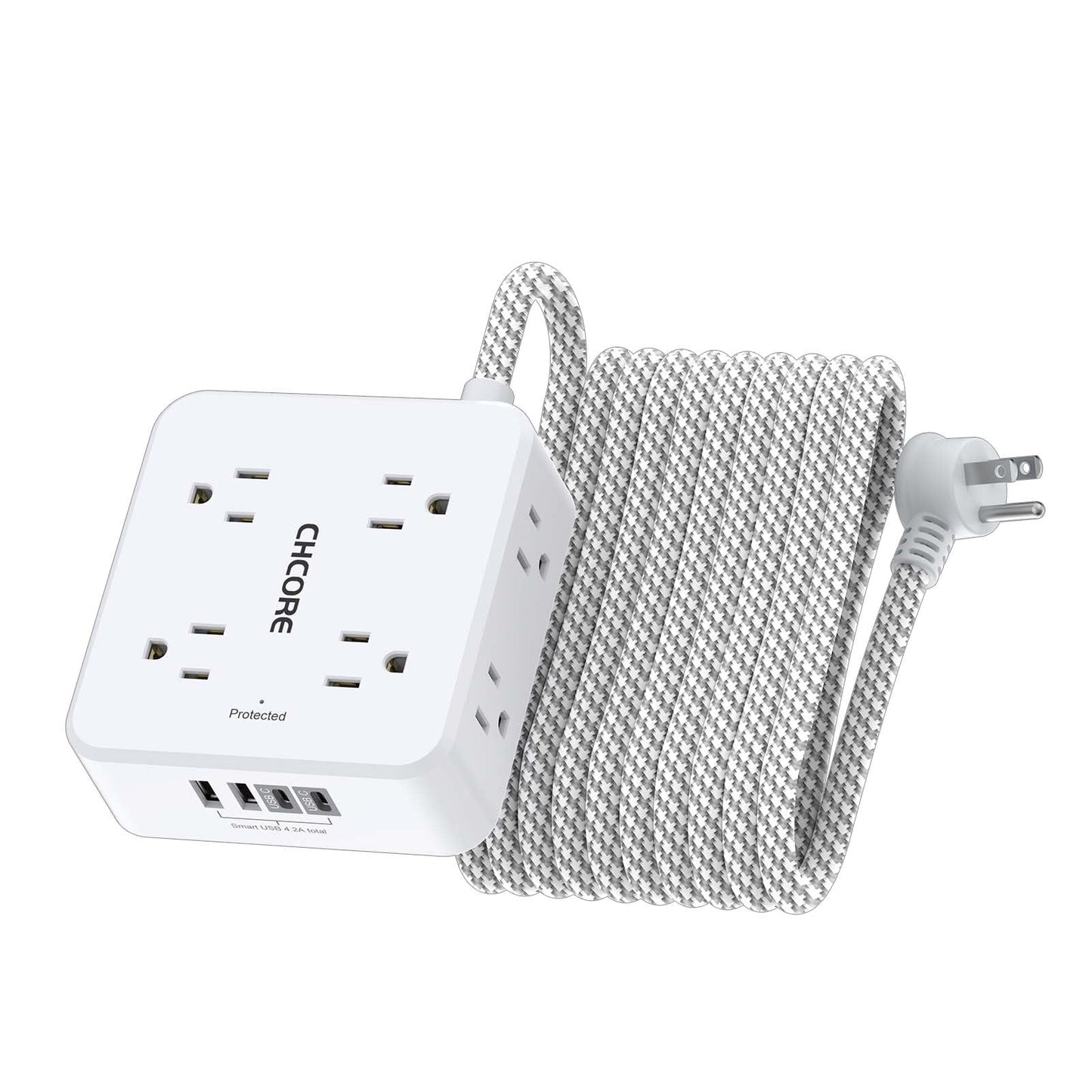Surge Protector Power Strip - CHCORE 5Ft Braided Extension Cord with 8 Outlets with 4 USB (2 USB C) Charging Ports, Flat Plug Multi Plug Outlet Extender Charging Station for Home Office, ETL, White