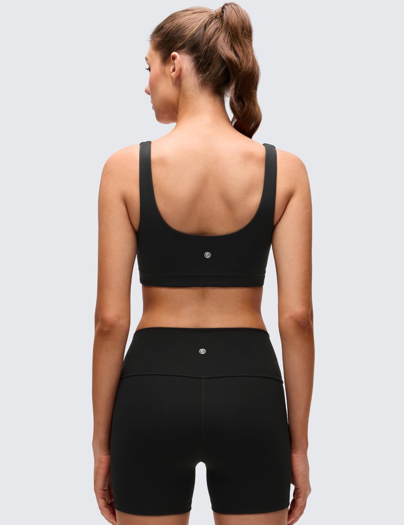 CRZ YOGA Butterluxe Scoop Neck Sports Bras for Women - U Back Padded Wide Strap Wireless Yoga Top Black Medium