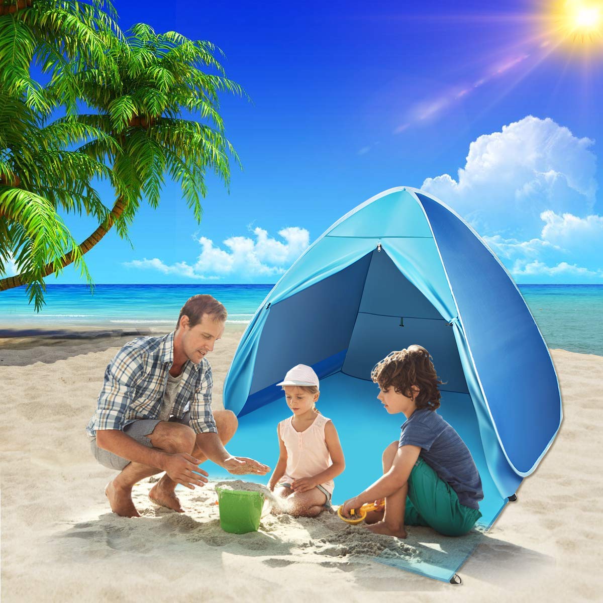 FBSPORT Beach Tent, UPF 50+ Easy Pop Up Beach Shade Beach Tent, Sun Shelter Instant Portable Beach Tent Umbrella Baby Canopy Cabana with Carry Bag, Sky Blue