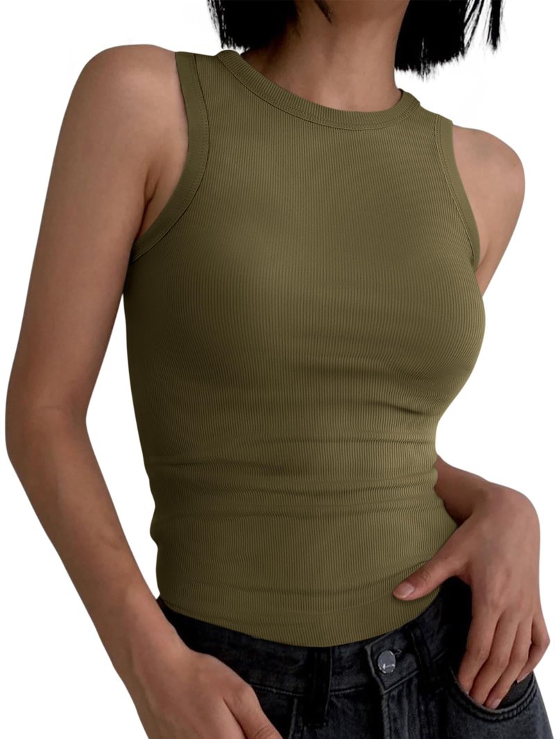 ANRABESS Womens Sleeveless High Neck Tank Tops Fashion Summer Casual Basic Slim Fit Ribbed Racerback Top Shirt Clothes Yellow Army Green Large