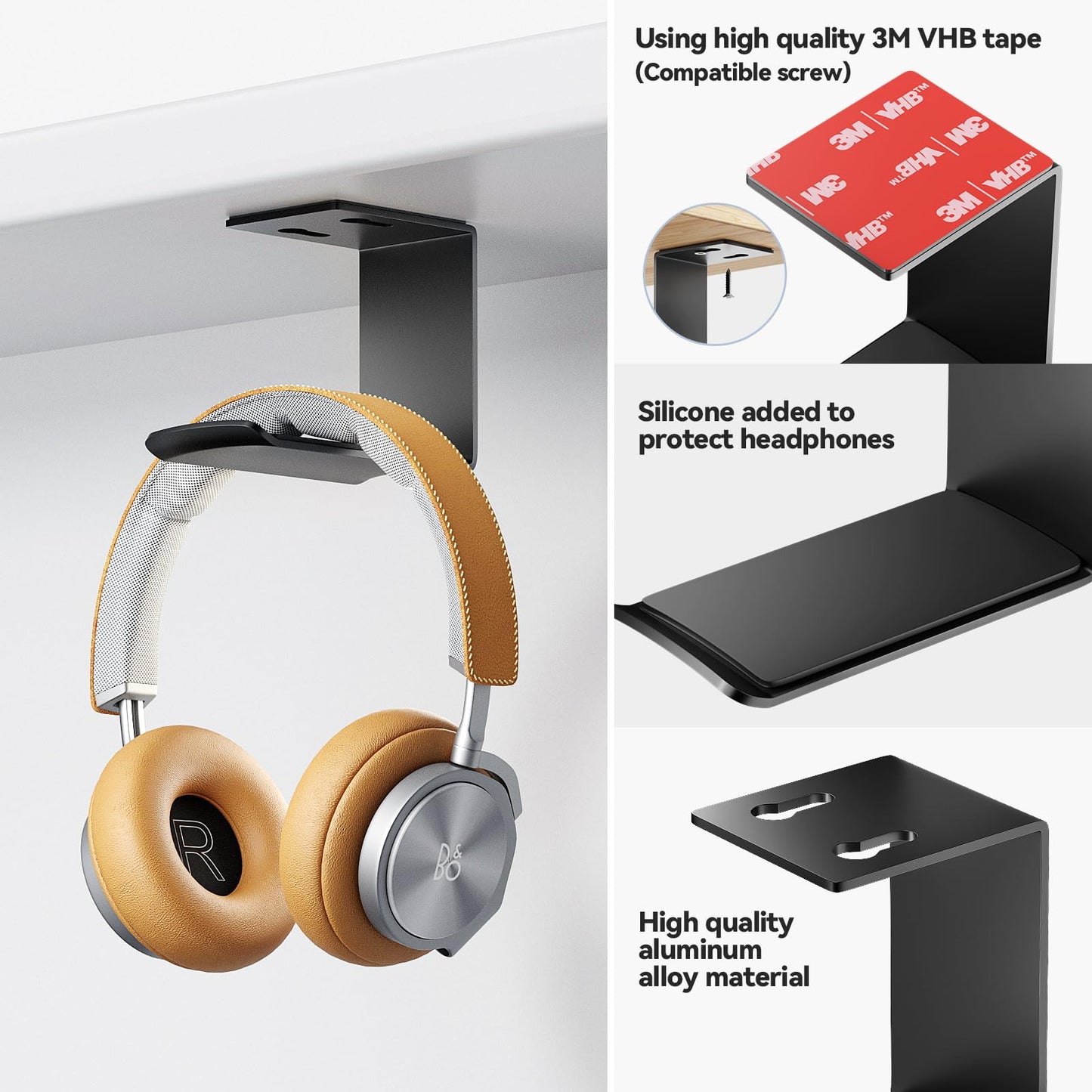Yocice Headphone Stand Hanger,Headset Holder Mount,Aluminum Hook with Strong Adhesive Tape for Headphones (H02-Black-1PCS)