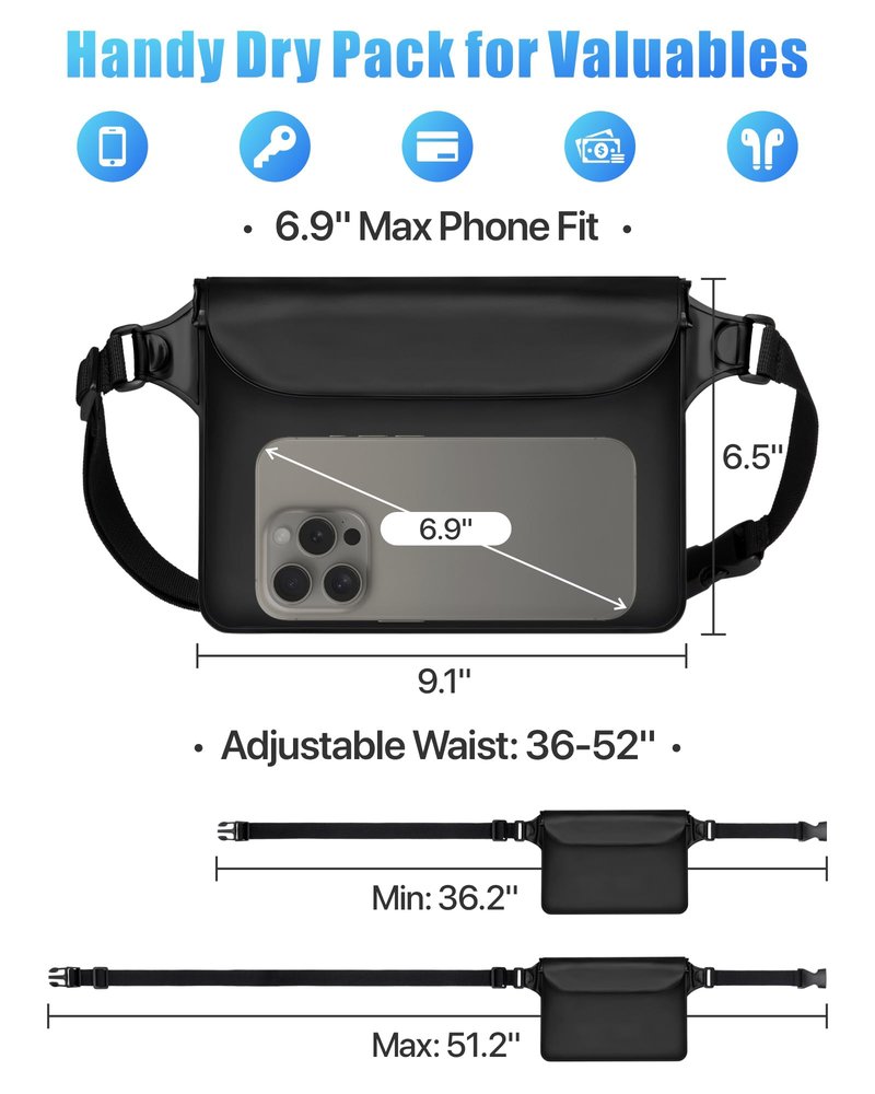 F-color Waterproof Fanny Pack - Cruise Essentials 2026 - Waterproof Pouch with Adjustable Waist Strap, Triple Zipper Roll-Top Dry Bag for Phone, Keep Passport Valuables Dry for Beach Kayaking Boating