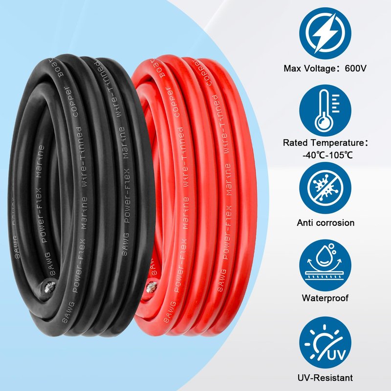 8 Gauge Marine Wire, 8 AWG Tinned Copper Electrical Wire, Boat Cable for Automotive, Solar, Car Audio, Trailer, Camper & Marine Wiring(8 AWG, 5FT Red + 5FT Black)
