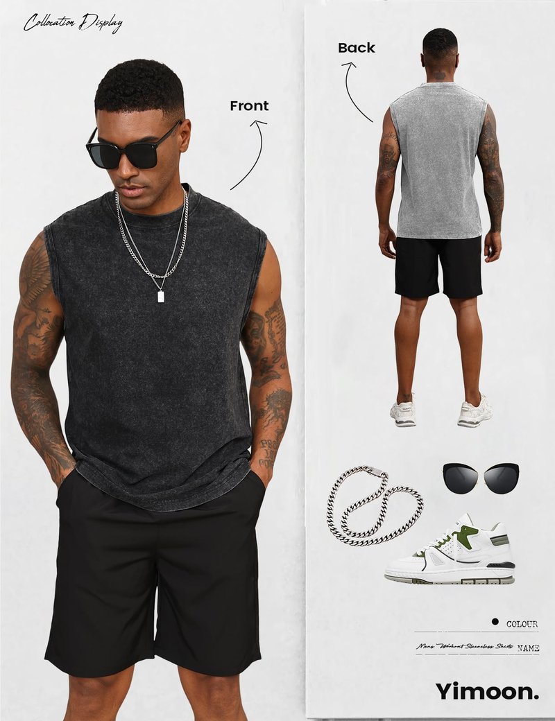 Yimoon Mens Tank Tops Workout Sleeveless Shirts Cotton Acid Wash Tees Loose Gym Muscle Shirts(BlackGreyKhaki-XL)