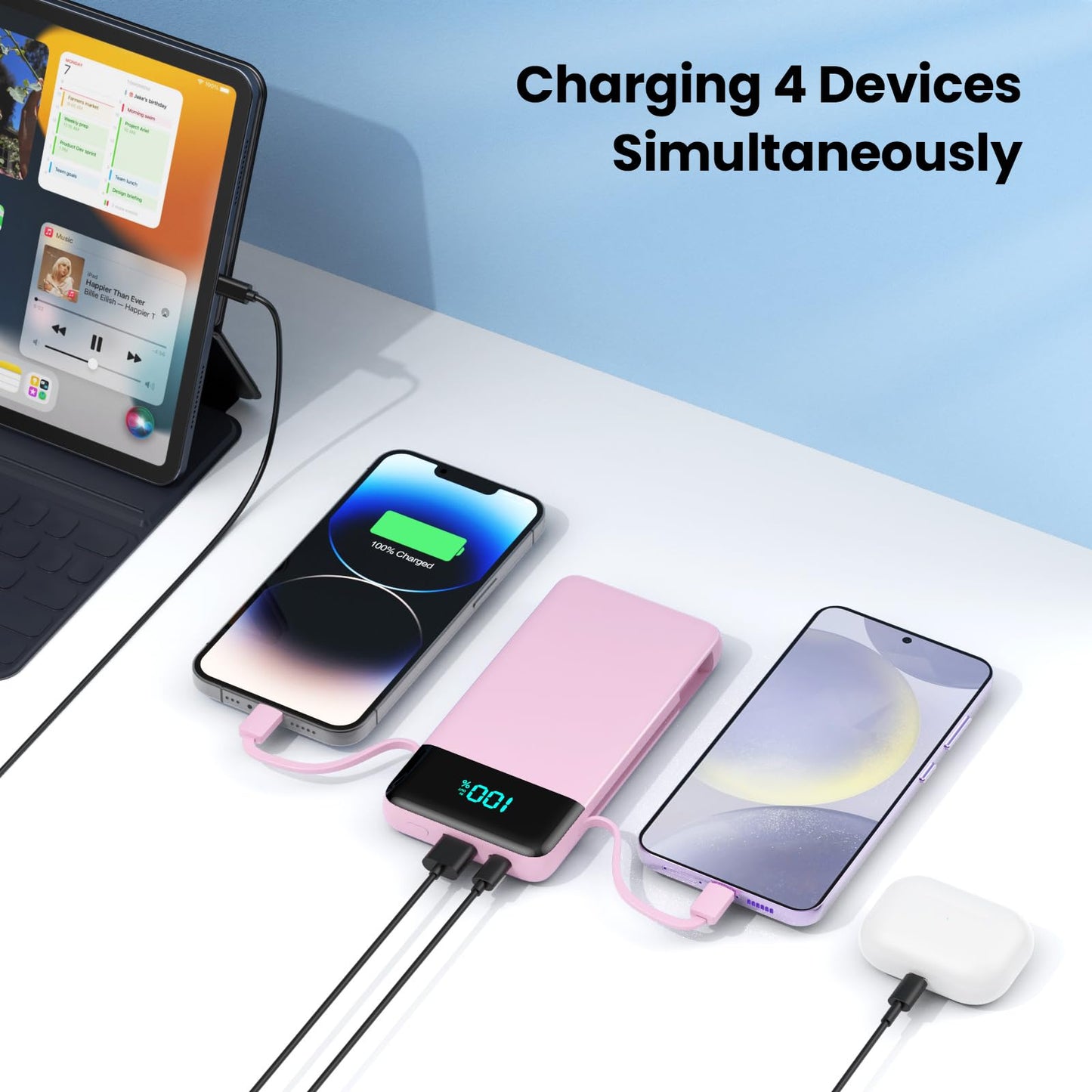 Portable Charger for iPhone with Built in Cables and Wall Plug,Upgraded 13800mAh Fast Charging USB C Power Bank,4 Outputs Travel Essential Battery Pack Compatible with iPhone 15/14/13,Samsung-Purple
