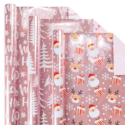 Burymento Christmas Wrapping Paper, Reversible Pink Christmas Tree, HO Santa Laughter, Snowflake, Reindeer, Design Gift Wrapping Paper Suitable for Holiday, Mini Roll (17 Inch X 120 Inch)