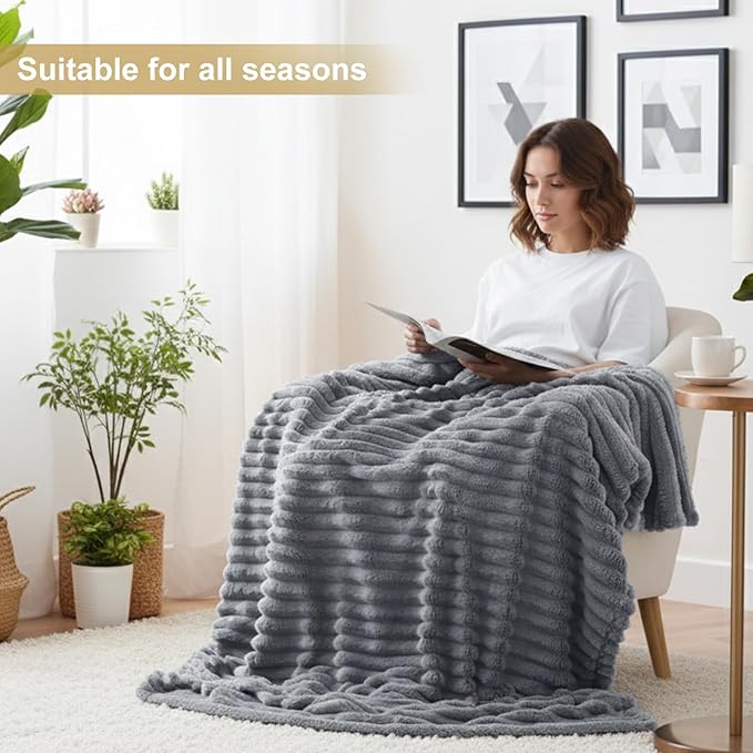 decorUhome Soft Fleece Grey Throw Blanket for Couch, Cozy Fluffy Plush Flannel Striped Blanket for Sofa Bed, Lightweight Decorative Ribbed Fuzzy Blanket for Woman, 50x60 Inches