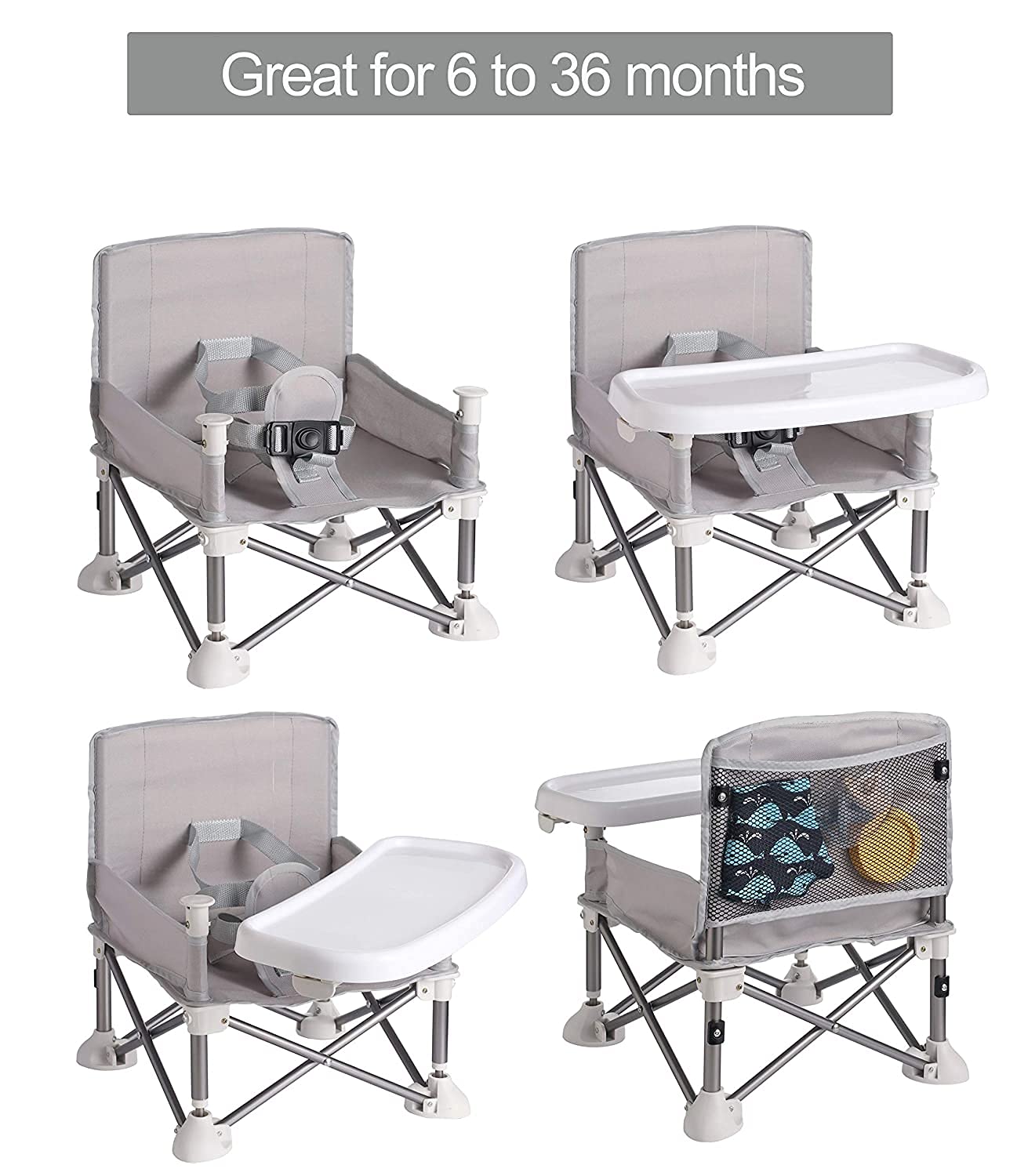 PandaEar Portable Baby Seat Travel| Compact Fold with Straps for Indoor/Outdoor Use| Great for Camping, Beach, Lawn |Toddlers, Kids, Boys, Girls (Grey)