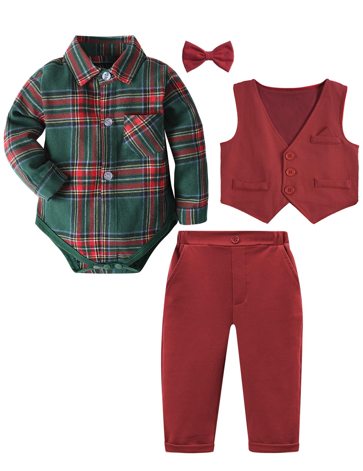 A&J DESIGN Baby Christmas Outfit Boy Infant Buffalo Plaid Flannel Tartan Wedding Formal Easter Dress Suit Green and Red 9-12 Months