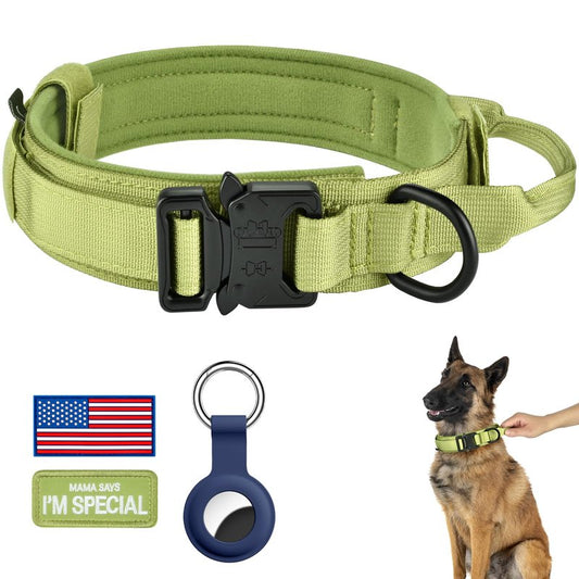 DAGANXI Tactical Dog Collar, Adjustable Military Training Nylon Dog Collar with Control Handle and Heavy Metal Buckle for Medium and Large Dogs, with Patches and Airtags Case (XXL, Spring Grass)
