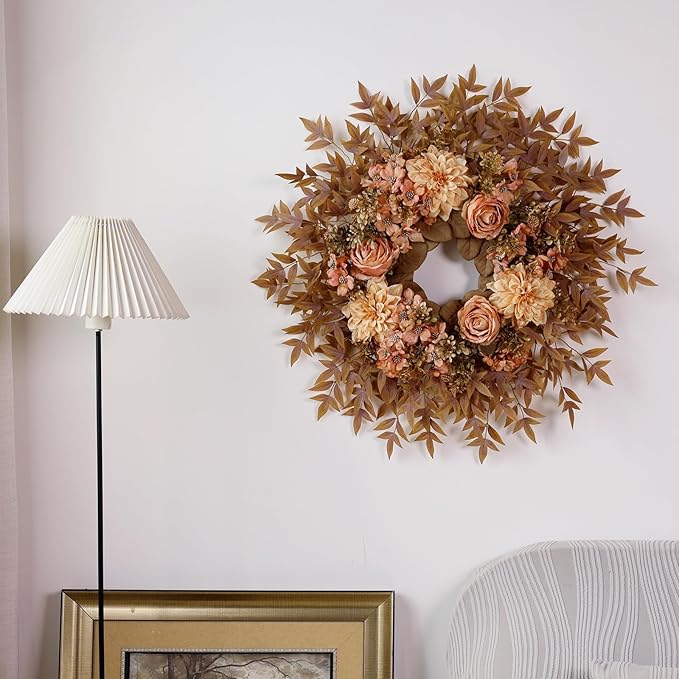 26" Fall Wreath for Front Door - Large Artificial Dahlia Flowers Fake Rose Faux Maple Leaves Outdoor Wreath for Porch, Window,Farmhouse,Home,Thanksgiving Day Harvest Festival Autumn Decor