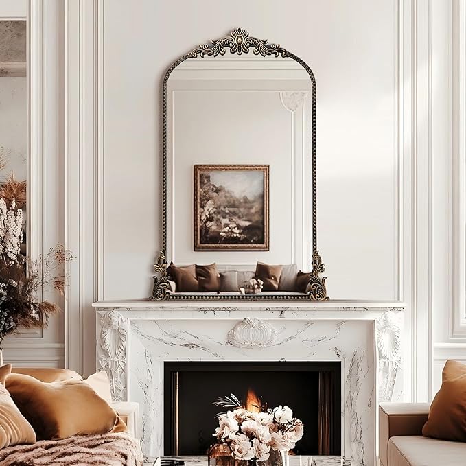 Growsun Vintage Black Arched Mirror, 24’’x42’’ Antique Baroque Ornate Wall Mirror Decor with Full Metal Frame for Fireplace/Entryway/Living Room/Bathroom