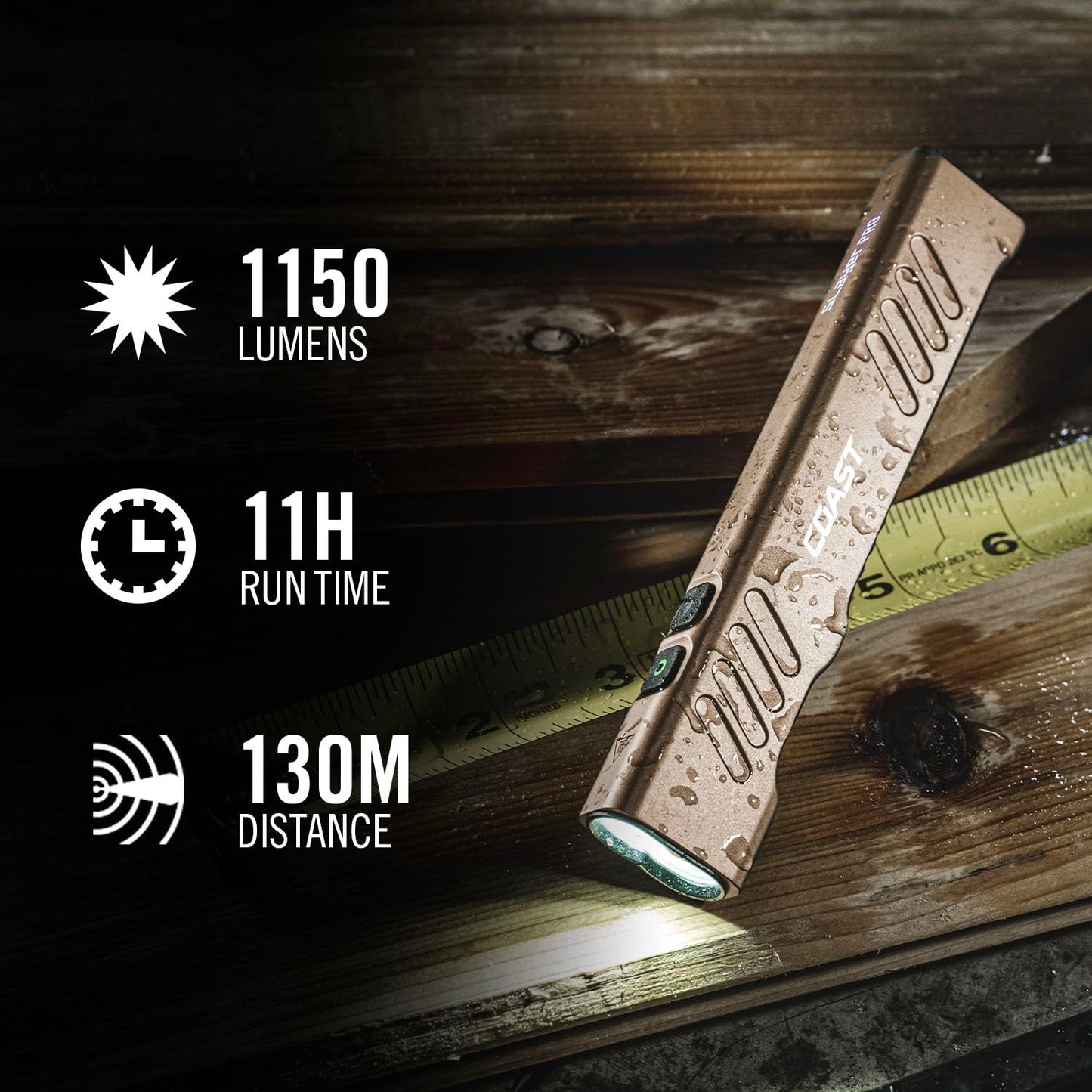 Coast Slayer 1150 Lumen USB-C Rechargeable LED Flashlight with Spot/Flood, Memory Mode and Pocket Clip, Dune