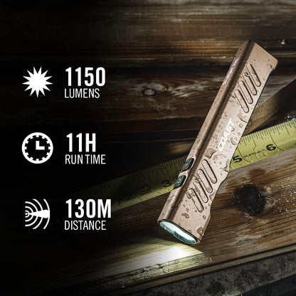 Coast Slayer 1150 Lumen USB-C Rechargeable LED Flashlight with Spot/Flood, Memory Mode and Pocket Clip, Dune