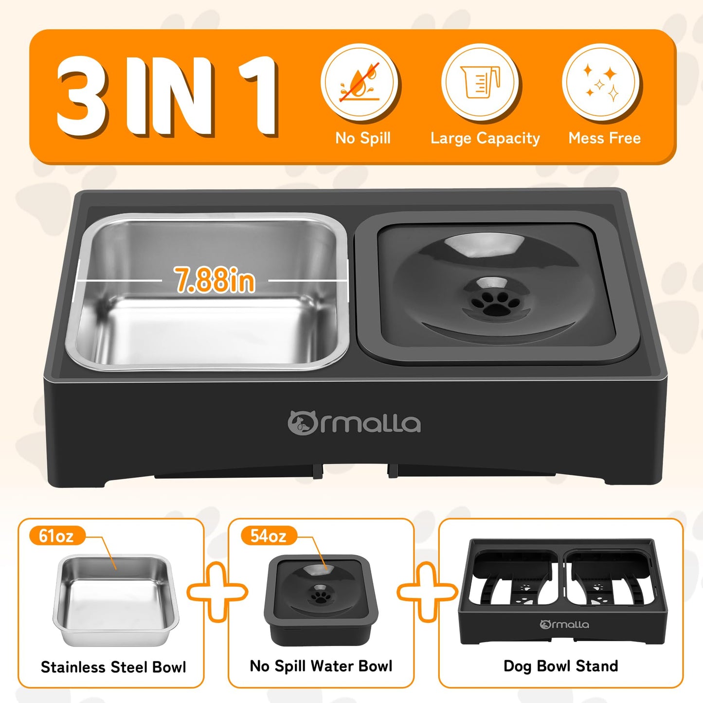 Ormalla Elevated Dog Bowls with No Spill Dog Water Bowl, Raised Stainless Steel Dog Food Bowl for Large Medium Small Dogs, Non-Slip Dog Bowl Stand, 4 Heights 3.7", 8.5", 10.1", 11.7",Black