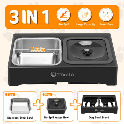 Ormalla Elevated Dog Bowls with No Spill Dog Water Bowl, Raised Stainless Steel Dog Food Bowl for Large Medium Small Dogs, Non-Slip Dog Bowl Stand, 4 Heights 3.7", 8.5", 10.1", 11.7",Black