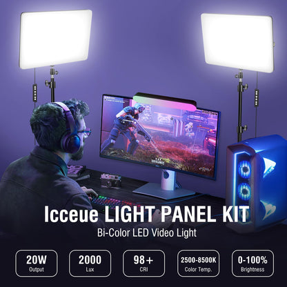 2-Pack LED Video Light Kit with 63'' Tripod Stand, Icceue 2500K-8500K Dimmable Studio Light Photography Panel Lighting for Video Recording Game Live Streaming Podcast YouTube Filming, Phone Holder