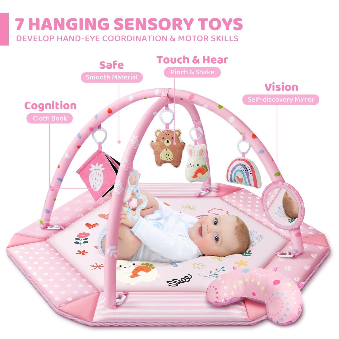 Baby Gym Play Mat, 8-in-1 Tummy Time Mat & Ball Pit with 6 Toys, Washable Baby Activity Mat for Visual, Hearing, Sensory, Motor Development, Baby Gift Newborn Infant 0-3-6-9-12 Months (Pink)