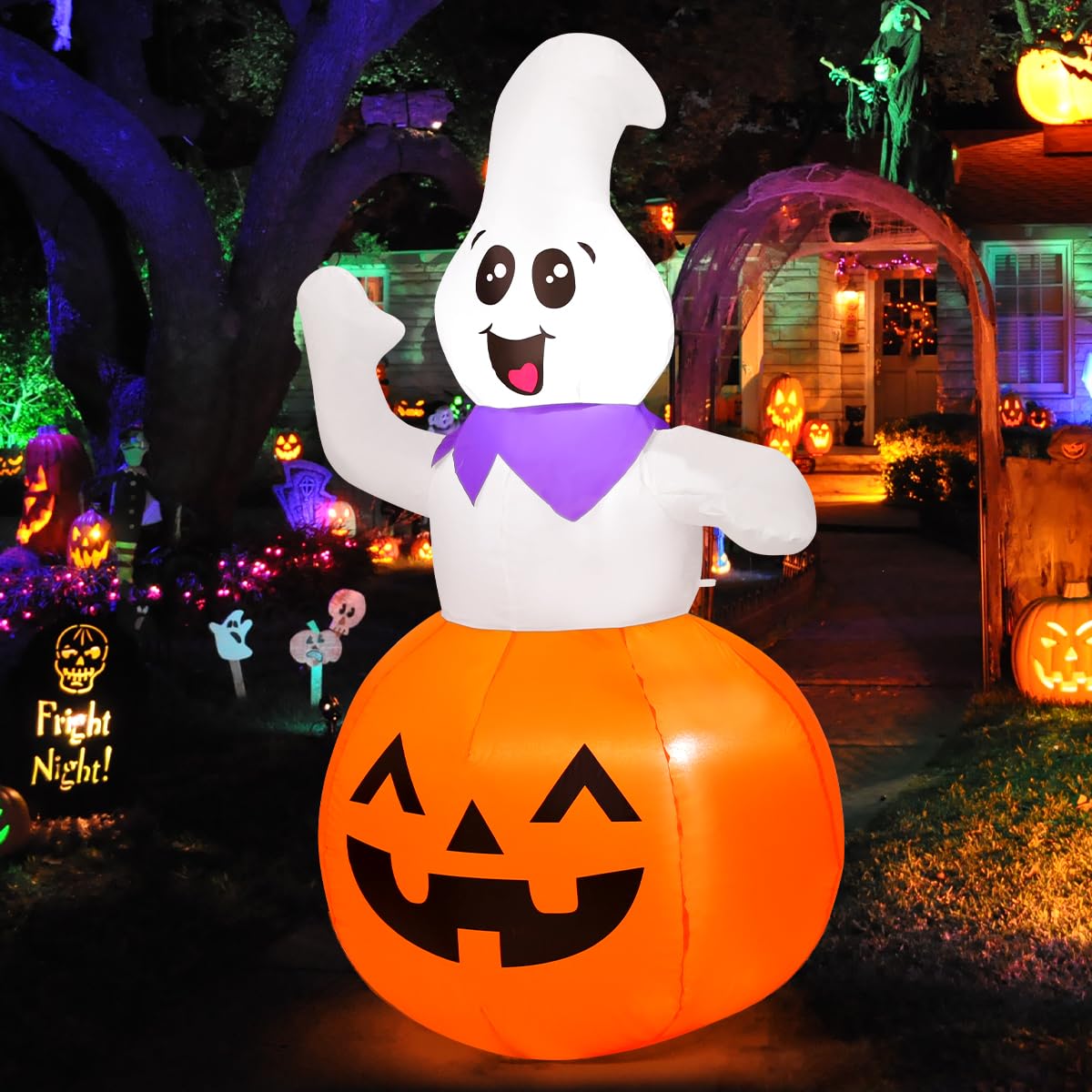 GOOSH 5 FT Halloween Inflatable Cute Pumpkin Ghost Outdoor Decorations Blow Up Yard Ghost in Pumpkin with Built-in LEDs for Indoor Party Garden Lawn Decor