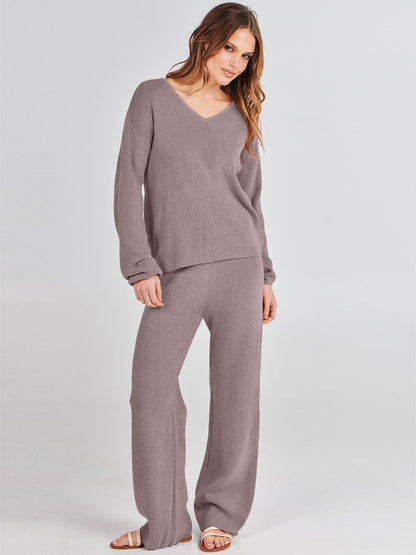 ANRABESS Women 2 Piece Outfits Sweater Lounge Sets Long Sleeve Cable Knit Pullover and Wide Leg Pants Tracksuit Matching Set Medium