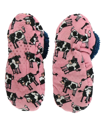 Lazy One Fuzzy Feet Slipper Socks for Women, Cute Fleece-Lined House Slippers, Cow, Moody, Non-Skid