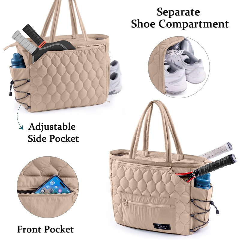 SPORJET Tennis Gym Bag for Women, Tennis Bag Holds 2-4 Rackets with Shoe Compartment & Wet Pocket, Sports Duffle Bags fits up to 15.6" Laptop, Quilted Travel Overnight Weekend Bag, Tennis Gift