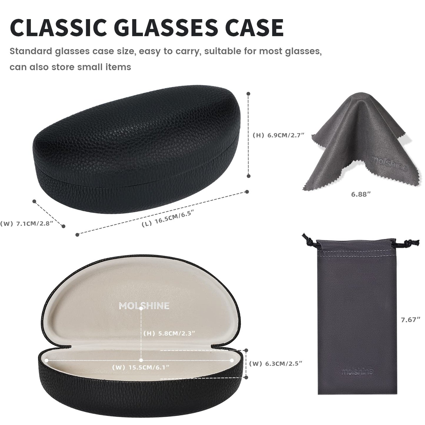 molshine Hard Shell Sunglasses Case,Classic Large Glasses Case for Sunglass,Eyeglasses with Cleaning Cloth,Pocket (Black)