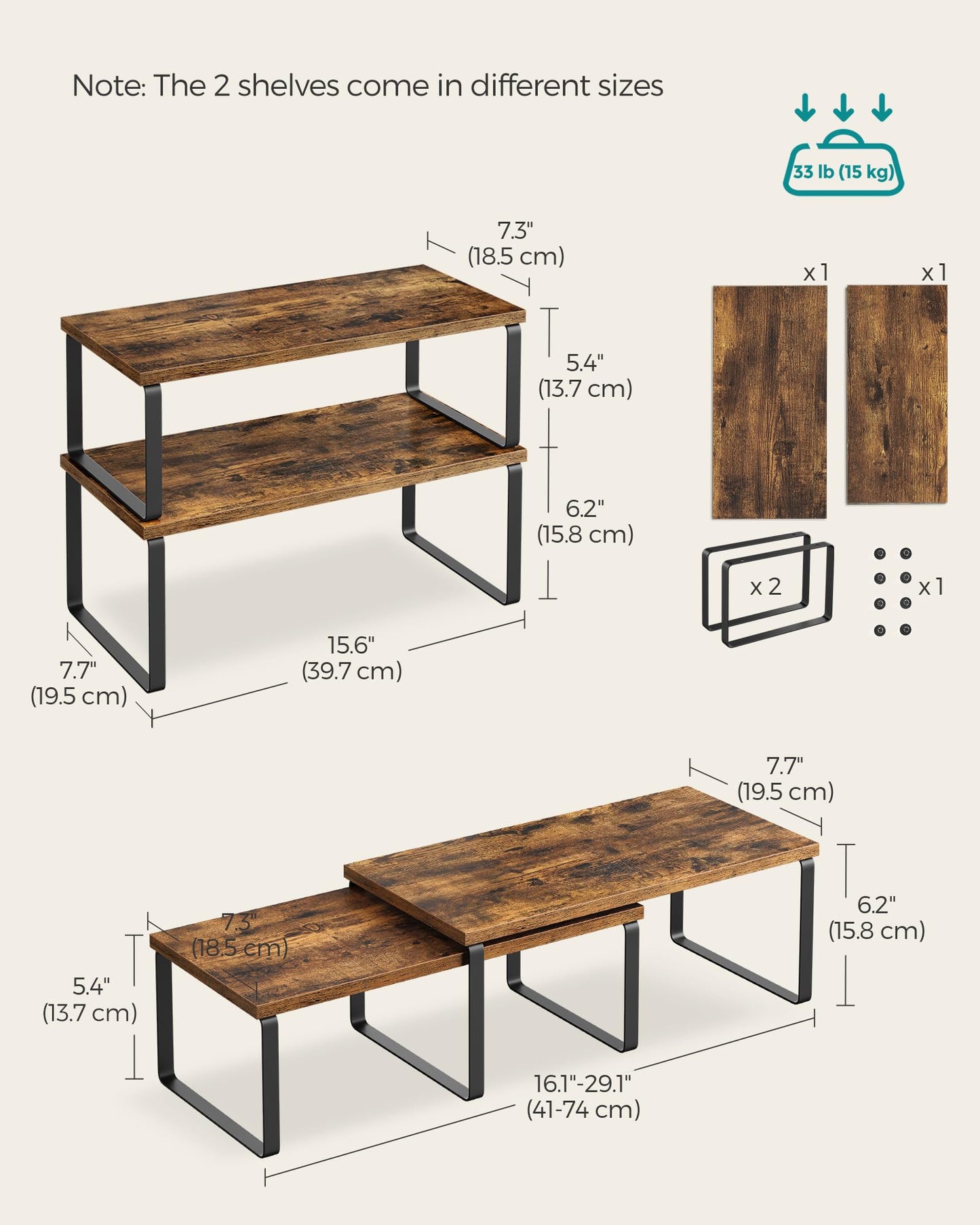 SONGMICS Cabinet Organizer Shelf, Set of 2 Kitchen Counter Shelves, Kitchen Storage, Spice Rack, Stackable, Expandable, Metal and Engineered Wood, Ink Black and Natural Beige UKCS02NB