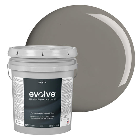 EVOLVE Interior Paint & Primer, Satin (Metropolitan Gray), 5 Gallon – Available in 50+ Colors, One-Coat Coverage, Excellent Hide, Low VOC, Low Odor, Washable Interior Paint