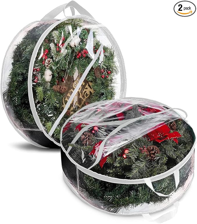 ProPik Christmas Wreath Storage Bag 24" - 2 Pack Clear Xmas Wreath Storage Container - Garland Holiday Artificial Wreath Storage Holder - Water Proof Transparent PVC - with Handles (24 Inch, White)