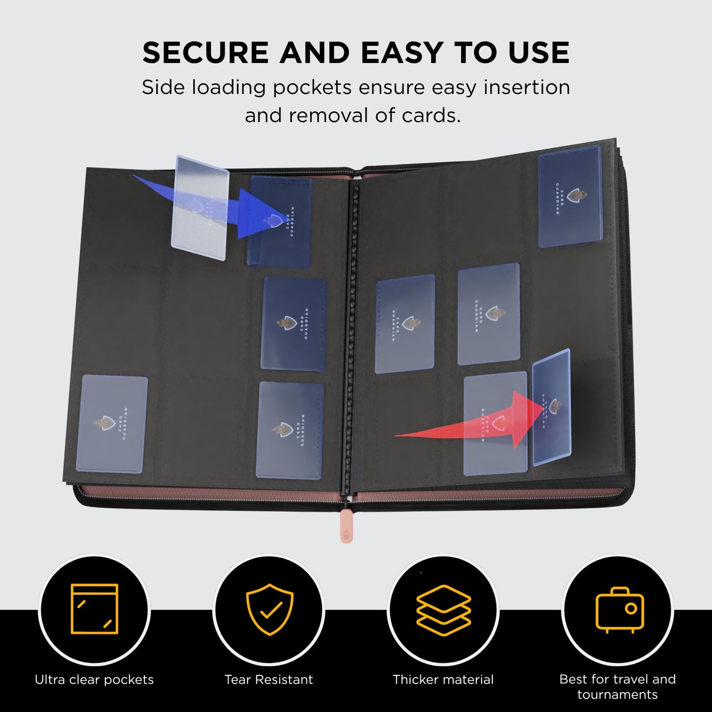 Card Guardian - 9 Pocket Premium Binder with Zipper for 360 cards - side loading pockets for Trading Card Games TCG (Pink)
