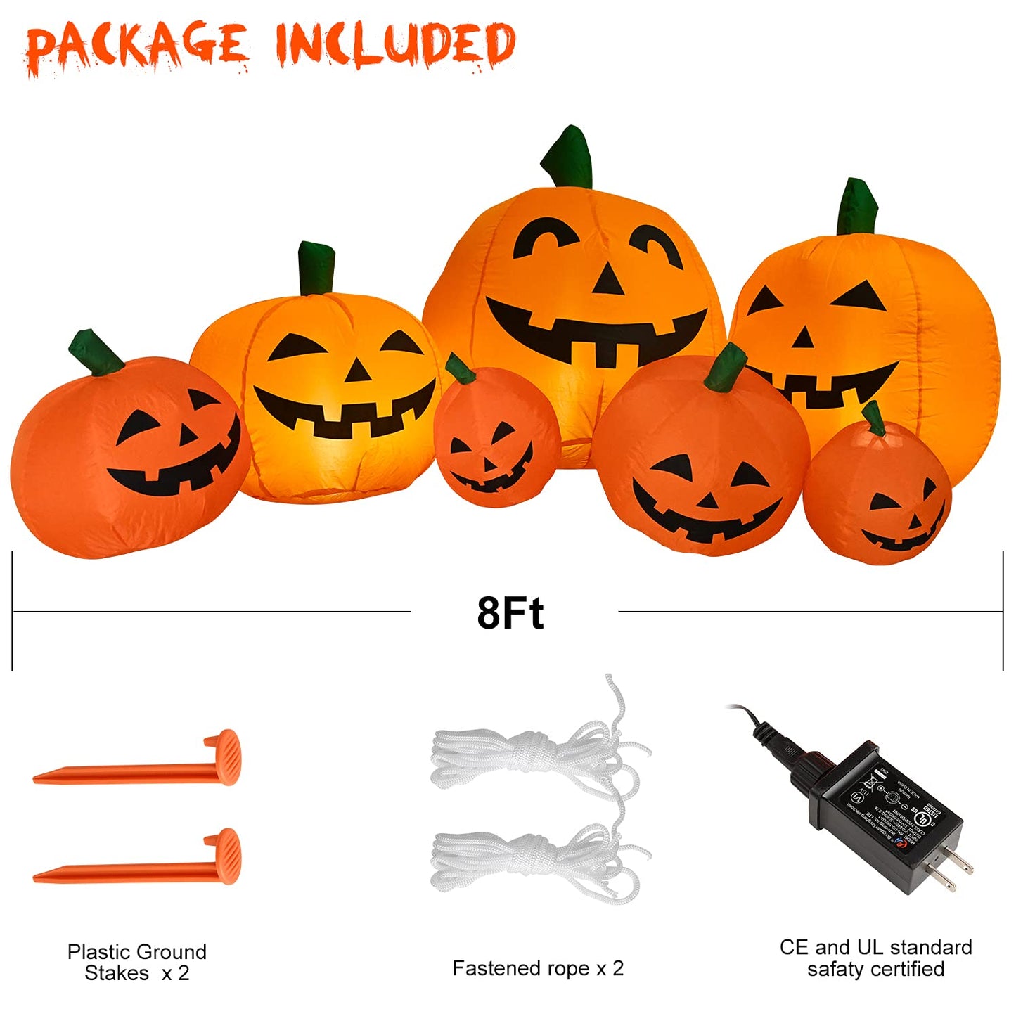 TechKen Halloween Inflatables 8FT Long Inflatable Pumpkins with Built-in LEDs - Outdoor Yard Decorations for Harvest and Halloween Party, Garden, Lawn - Fun Halloween Decors Harvest Giant Pumpkins