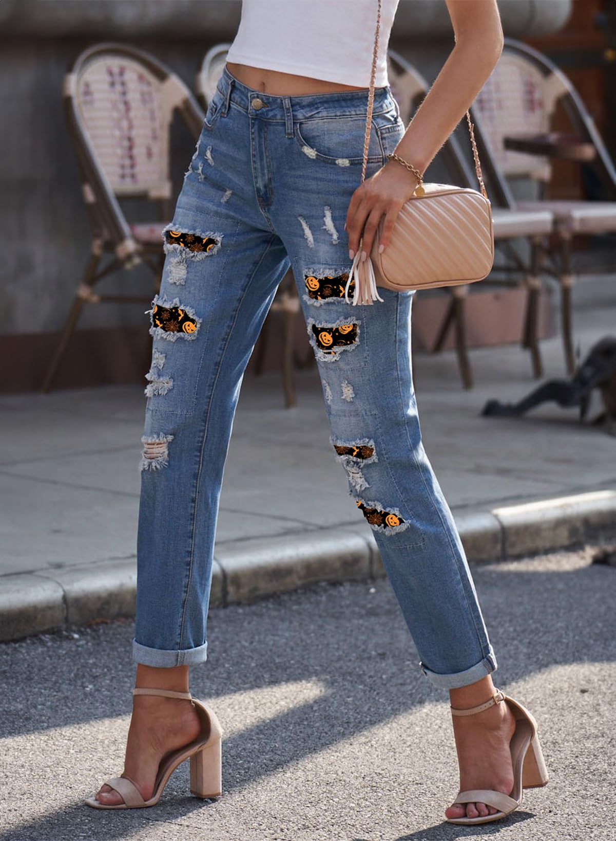 EVALESS Ripped Jeans Womens Halloween Pants Pumpkins Print Stretch Jeans Bootcut Boyfriend Distressed Jeans Cute Patchwork Trendy Denim Jeans Butt Lifting Pants with Pockets Blue X-Large