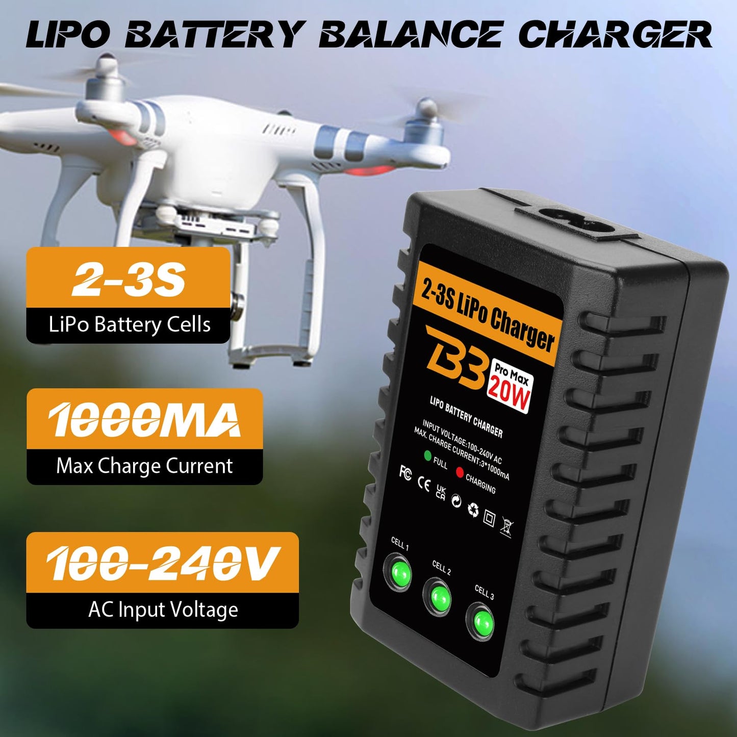 HTRC Lipo Battery Charger, 20W Lipo Charger for 2-3S Lipo Battery Pack(7.4V-11.1V), Airsoft Battery Charger, Fast RC Balance Charger for RC Car, Airsoft Gun, RC Boat, Etc